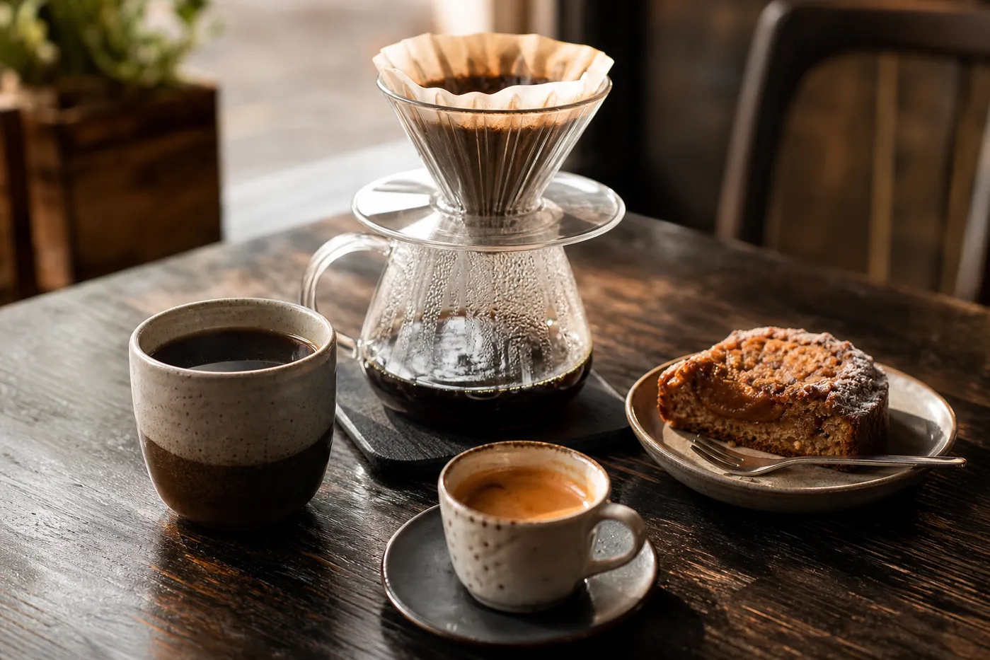 Ilustrační filtrovaná káva, espresso a sladké pečivo