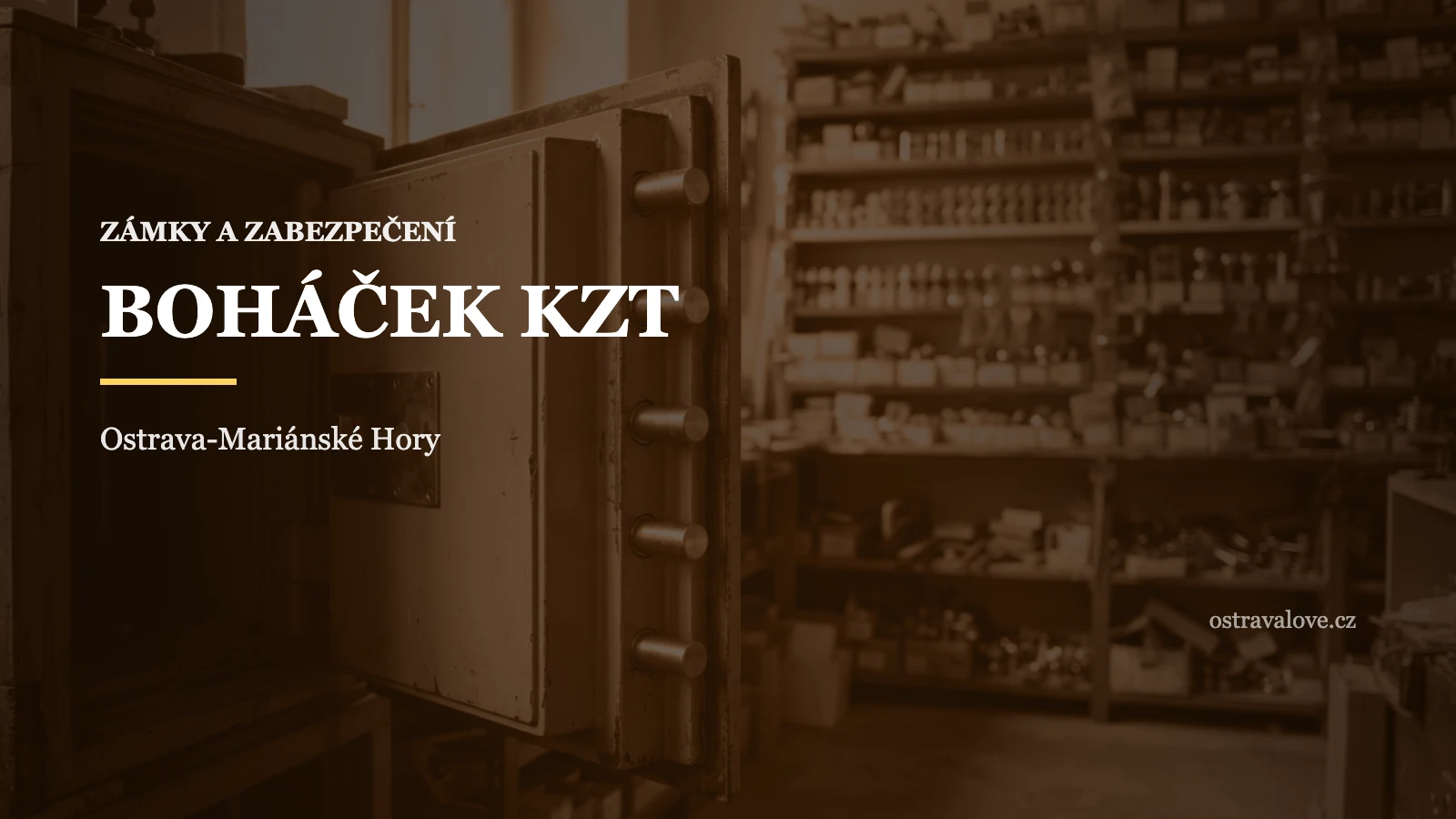 Otevřený trezor a zámky v prodejně, náhledová grafika profilu BOHÁČEK KZT v Ostravě