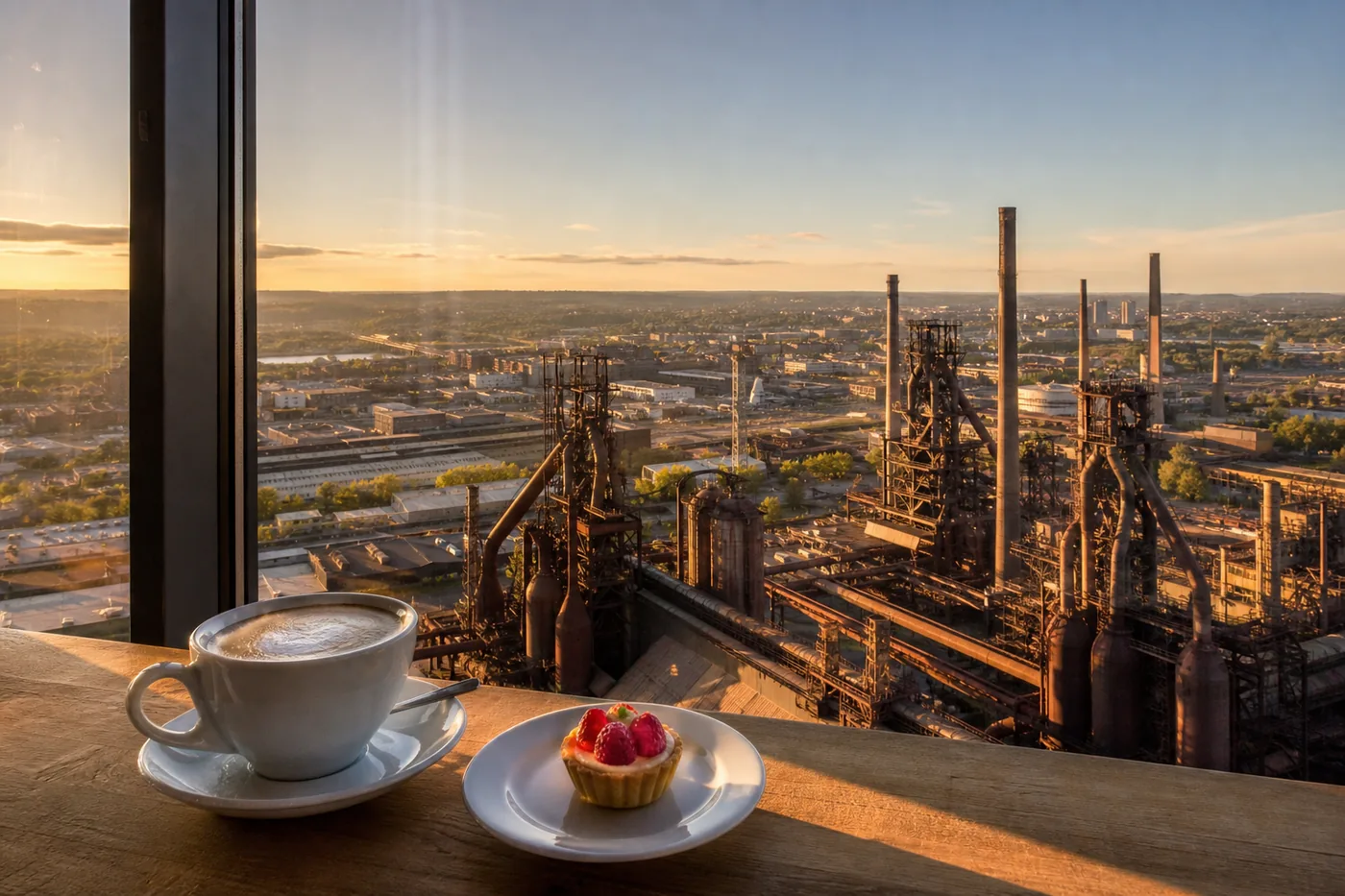 Ilustrační káva s výhledem na industriální areál Ostravy