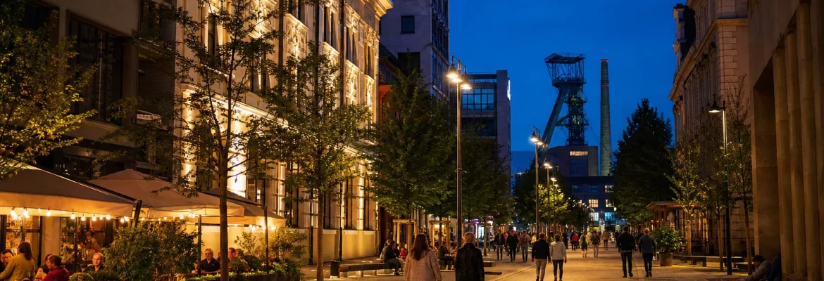 Večerní centrum Ostravy s osvětlenými podniky a industriální kulisou