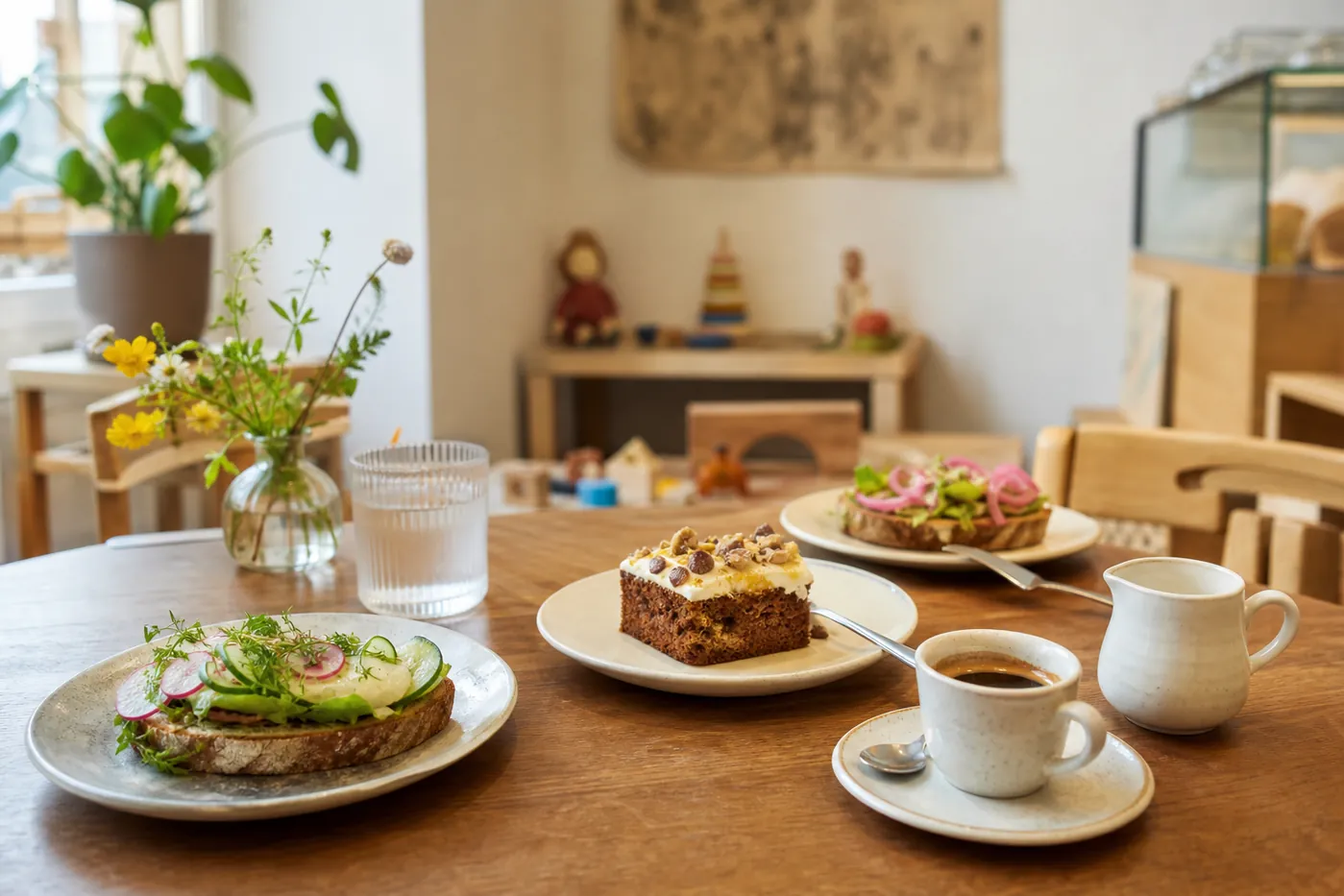 Ilustrační brunch, káva a zákusek v rodinné kavárně