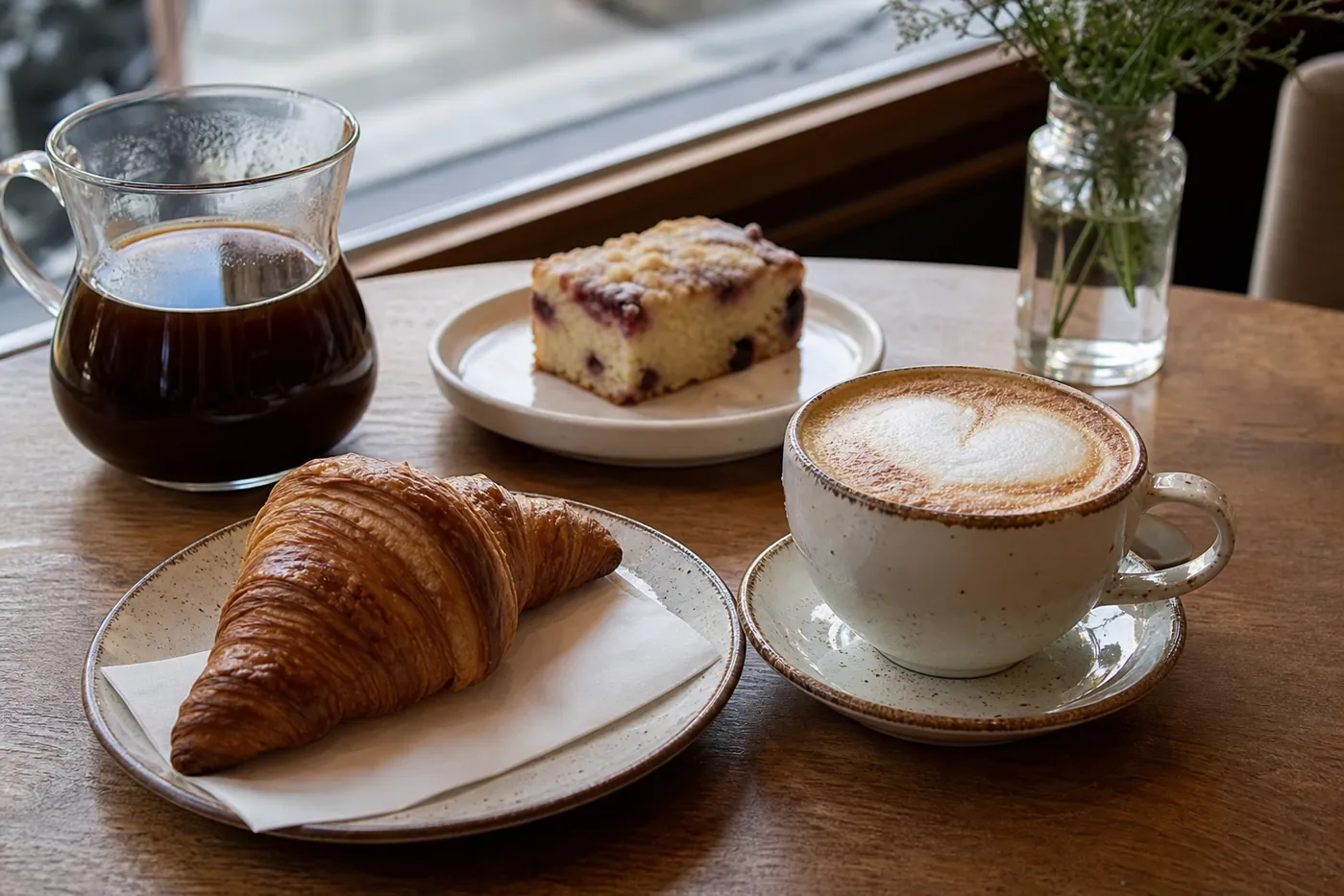 Ilustrační cappuccino, filtrovaná káva, croissant a zákusek