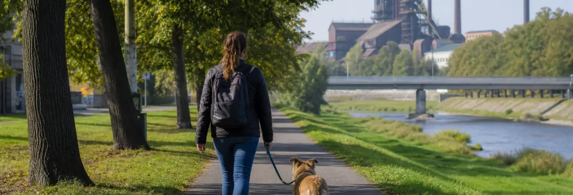 Procházka se psem na vodítku podél Ostravice