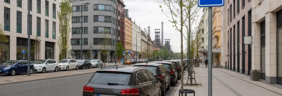 Placené parkování v centru Ostravy s modrou dopravní značkou