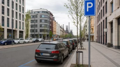 Placené parkování v centru Ostravy s modrou dopravní značkou