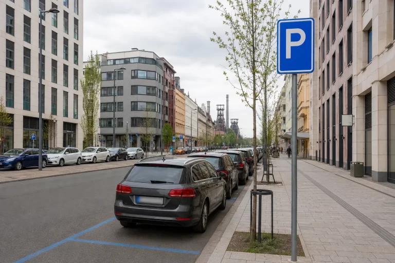 Placené parkování v centru Ostravy s modrou dopravní značkou