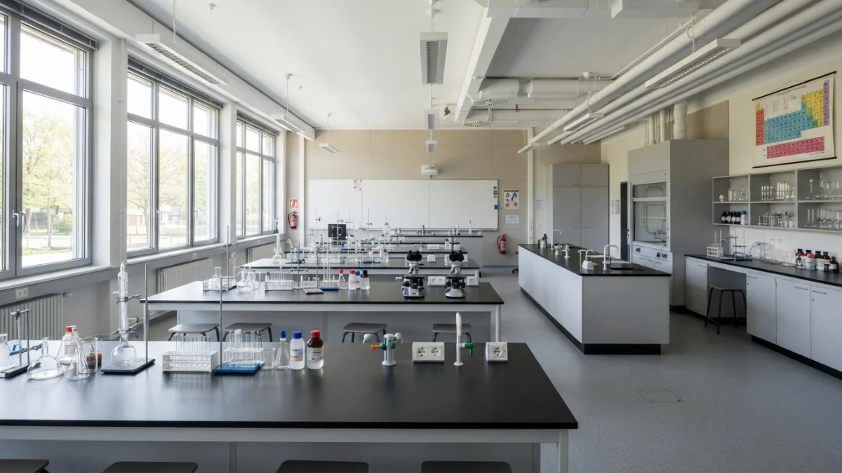 Školní chemická laboratoř se skleněným nádobím a mikroskopy (ilustrační obrázek)