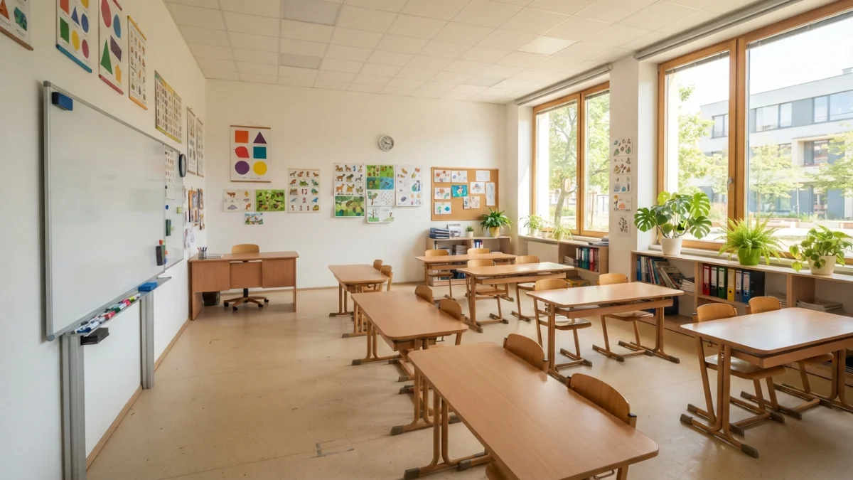 Světlá učebna základní školy s dřevěnými lavicemi a tabulí (ilustrační obrázek)