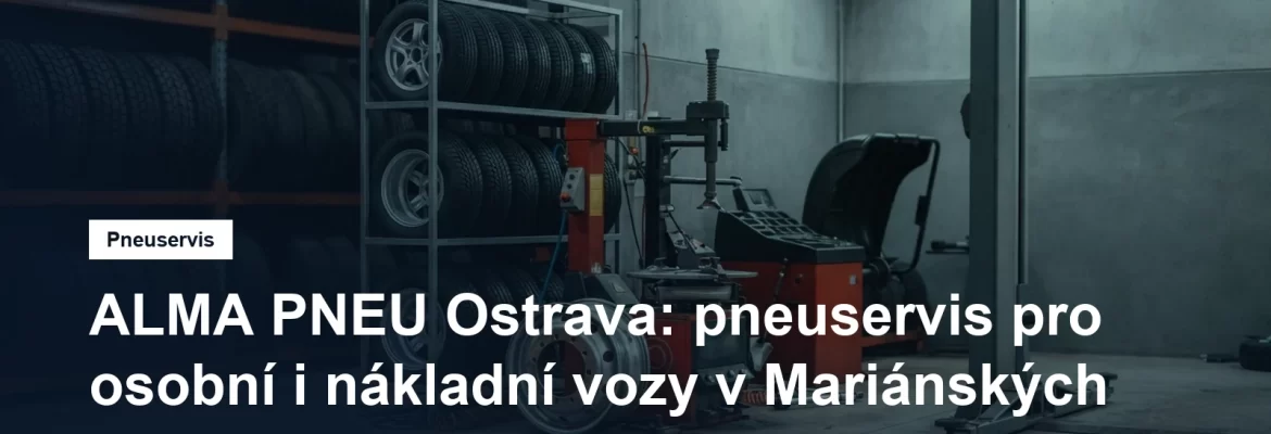 Pneuservisní hala v Ostravě, nákladní pneumatiky v regálu a montážní stroj u zvedáku