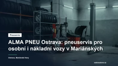 Pneuservisní hala v Ostravě, nákladní pneumatiky v regálu a montážní stroj u zvedáku