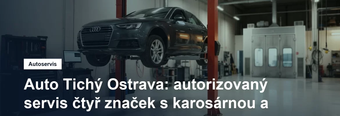 Servisní hala autorizovaného autoservisu v Ostravě, osobní vůz na zvedáku a vedle něj pracoviště karosárny s lakovacím boxem