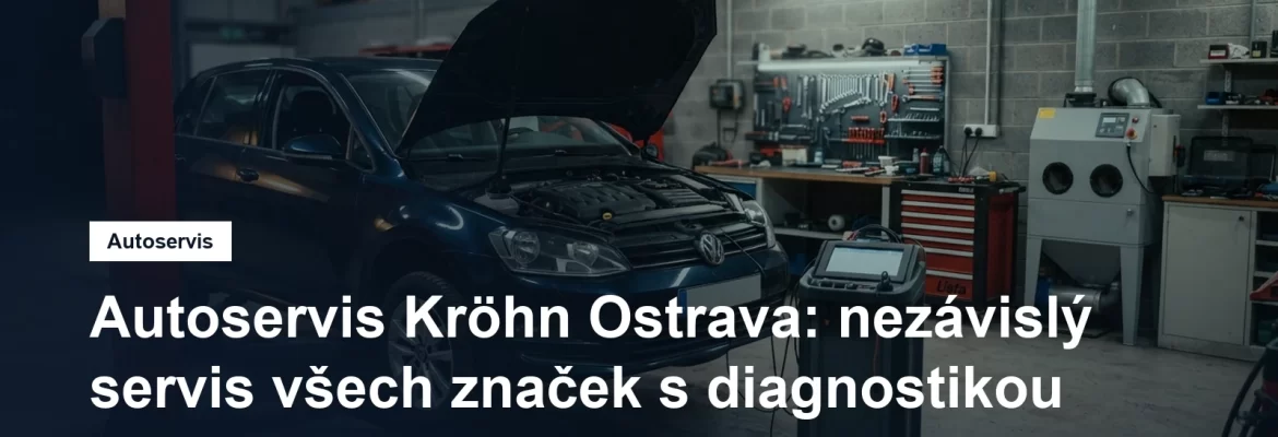 Dílna nezávislého autoservisu v Ostravě, osobní vůz na zvedáku a technik s diagnostickým přístrojem u motoru