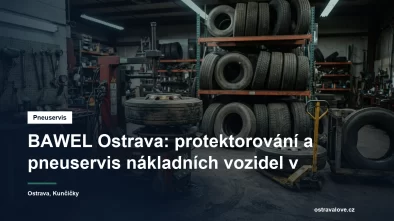 Pneuservisní hala v Ostravě, nákladní pláště na regálu a montážní stroj u zvedáku
