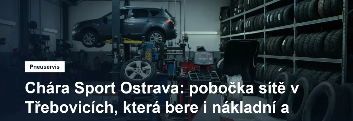 Pneuservisní hala v Ostravě, montážní stroj s koly a regál se sadami pneumatik včetně nákladních