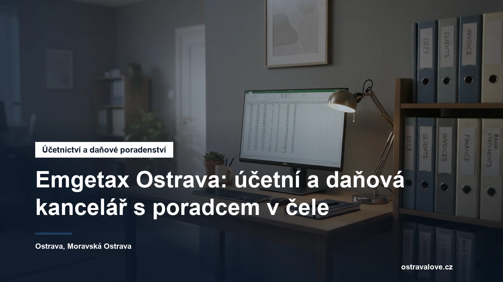 Menší účetní kancelář s pracovním stolem a policí pořadačů