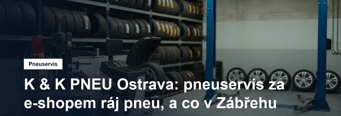 Pneuservisní hala v Ostravě, přezouvačka a vyvažovačka u zvedáku a regál se sadami pneumatik