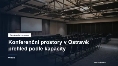 Prázdný konferenční sál s řadami židlí a plátnem