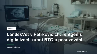 Veterinární zubní jednotka s nástroji a rentgenovým snímkem na monitoru