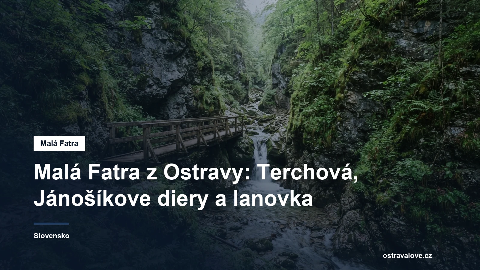 Skalní soutěska s dřevěným můstkem a vodopádem