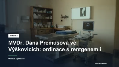 Ultrazvukový přístroj vedle vyšetřovacího stolu ve veterinární ordinaci