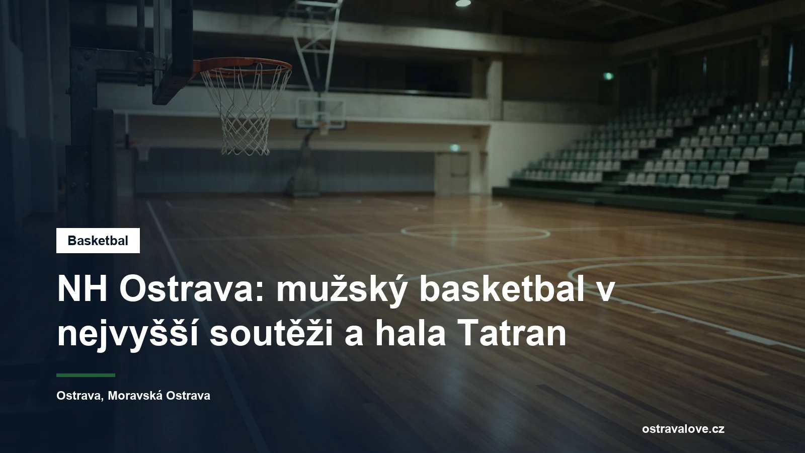 Basketbalový koš a palubovka v hale s tribunou