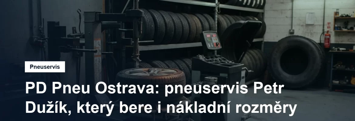 Pneuservisní dílna v Ostravě, montážní stroj s koly a regál se sadami pneumatik