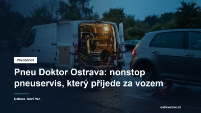 Mobilní pneuservis v Ostravě, dodávka s nářadím a montážním strojem u odstaveného osobního vozu