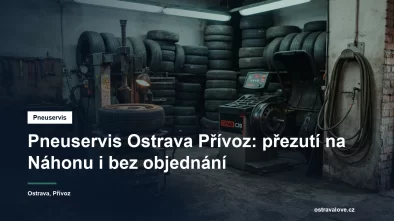 Pneuservisní dílna v Ostravě, montážní stroj s koly a vyvažovačka, vedle stohy pneumatik