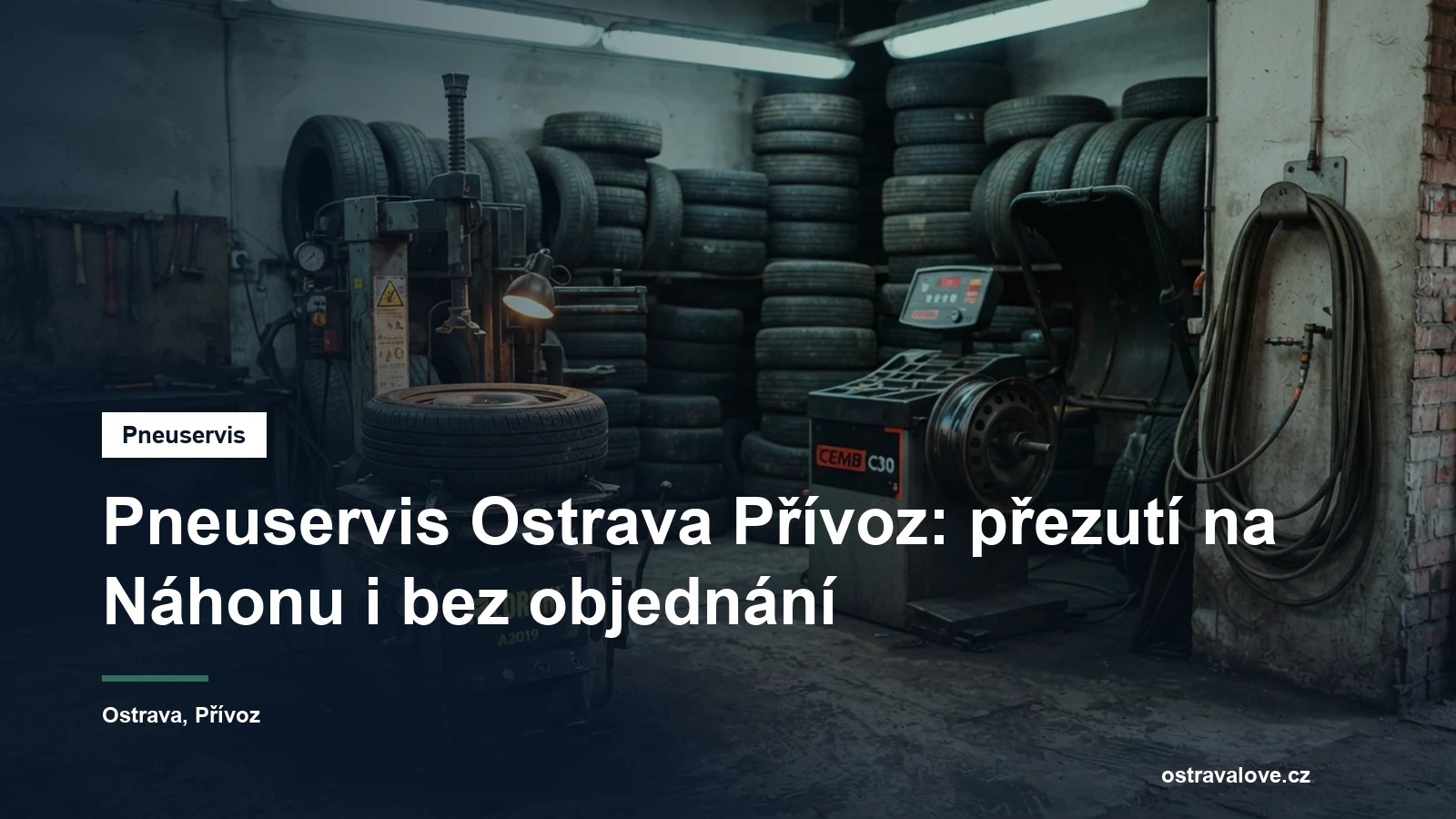 Pneuservisní dílna v Ostravě, montážní stroj s koly a vyvažovačka, vedle stohy pneumatik