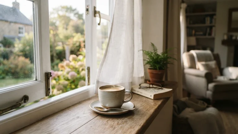 Klidné ráno u okna s kávou