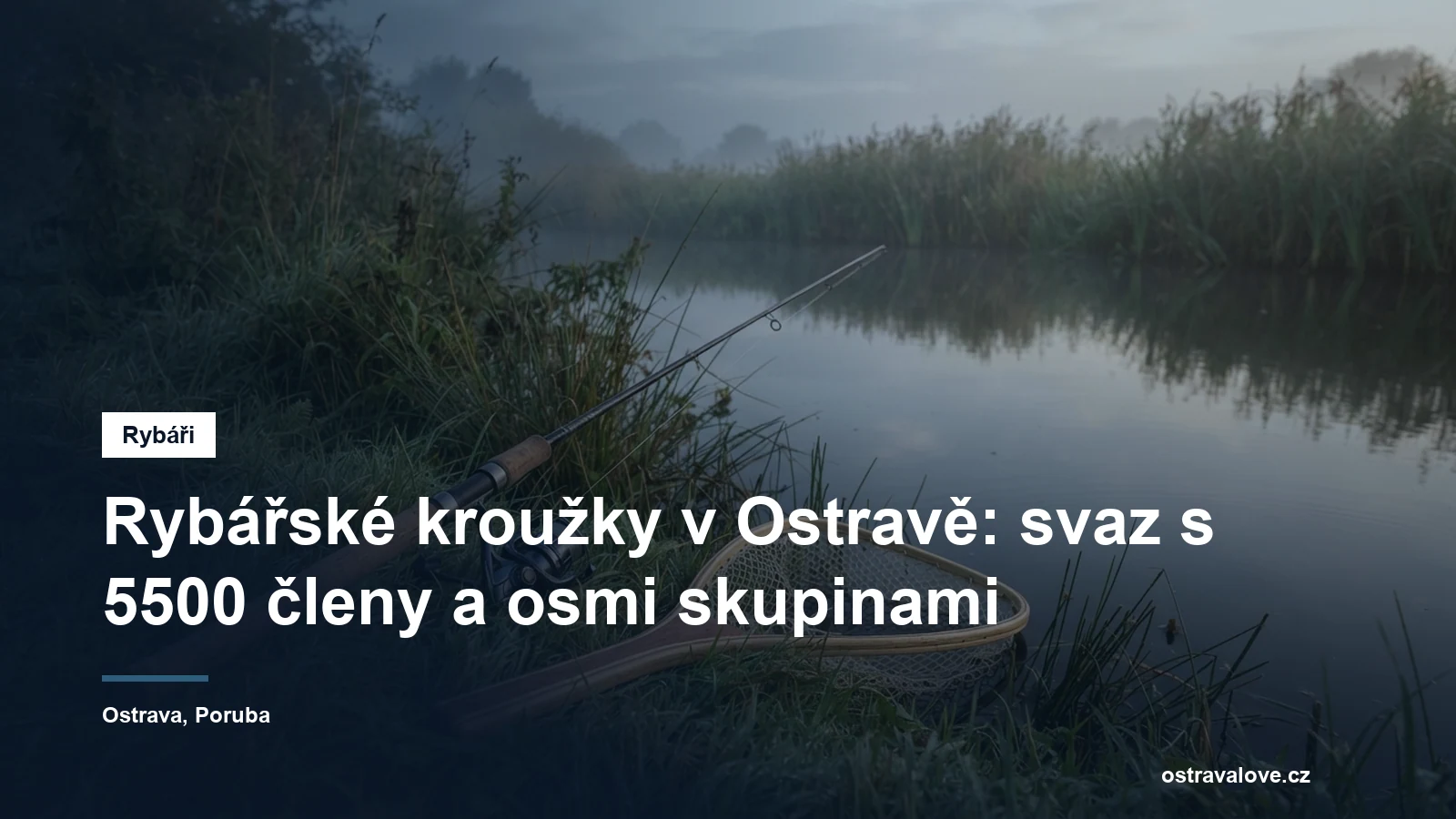 Rybářský prut a podběrák opřené o břeh