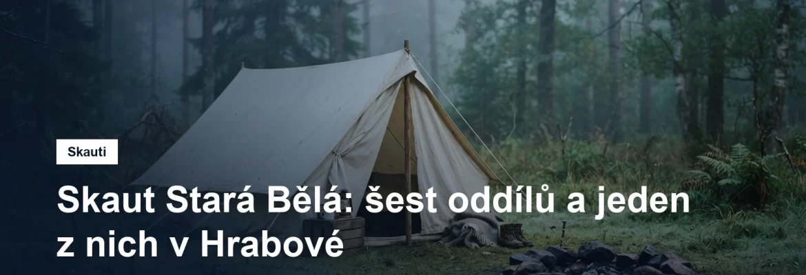 Skautský stan a ohniště na travnaté louce