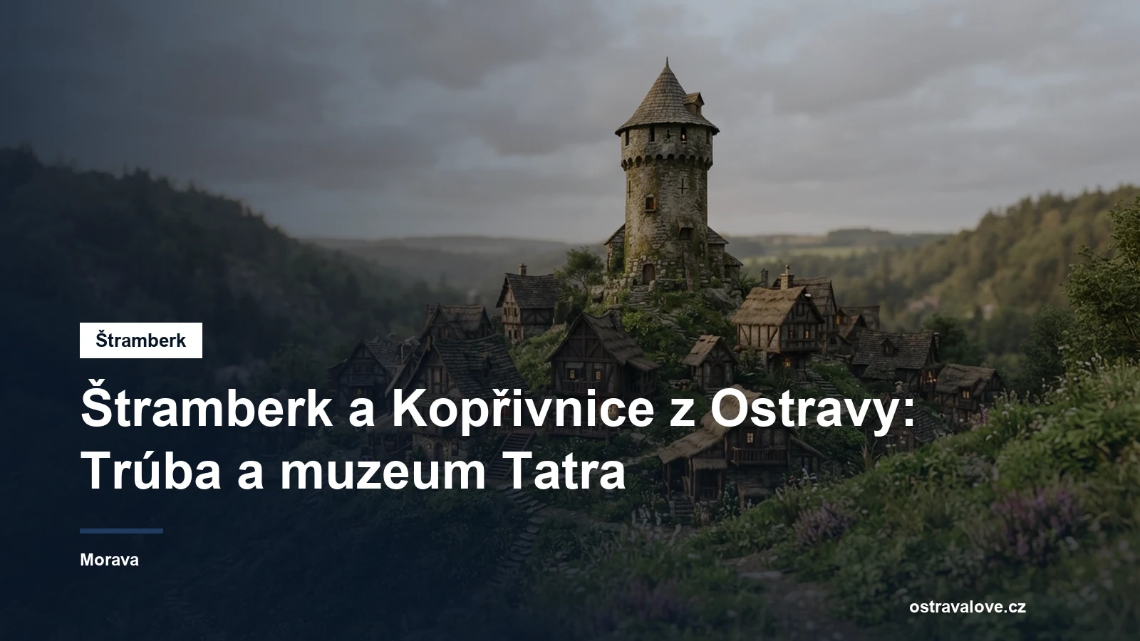 Válcová hradní věž nad dřevěnými domky městečka