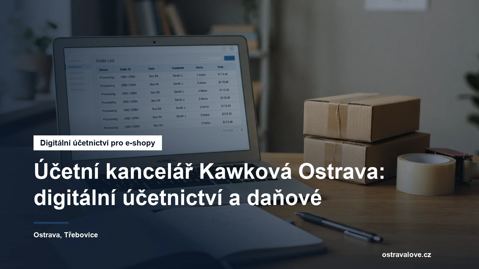 Notebook s účetním přehledem a balíky připravenými k odeslání