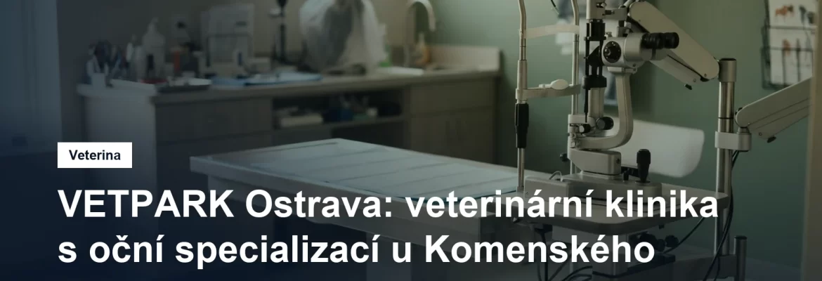 Vyšetřovna veterinární kliniky s oftalmologickým přístrojem a vyšetřovacím stolem