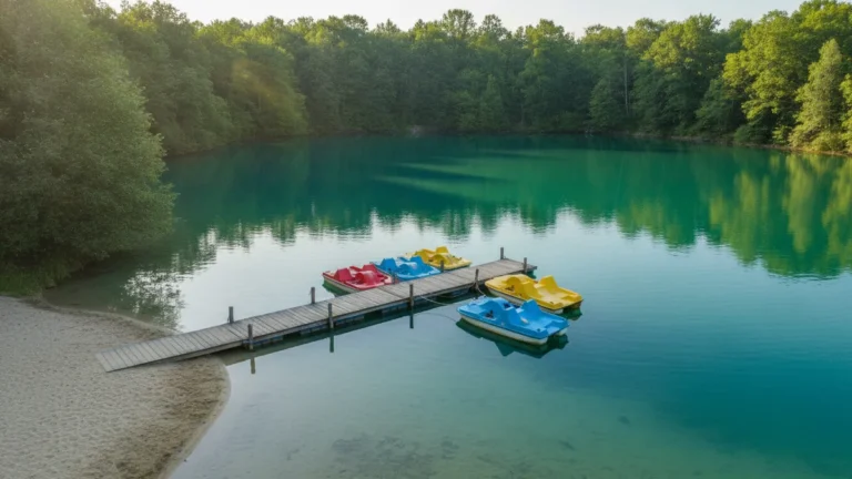 Štěrkové jezero s dřevěnými moly a písčitou pláží