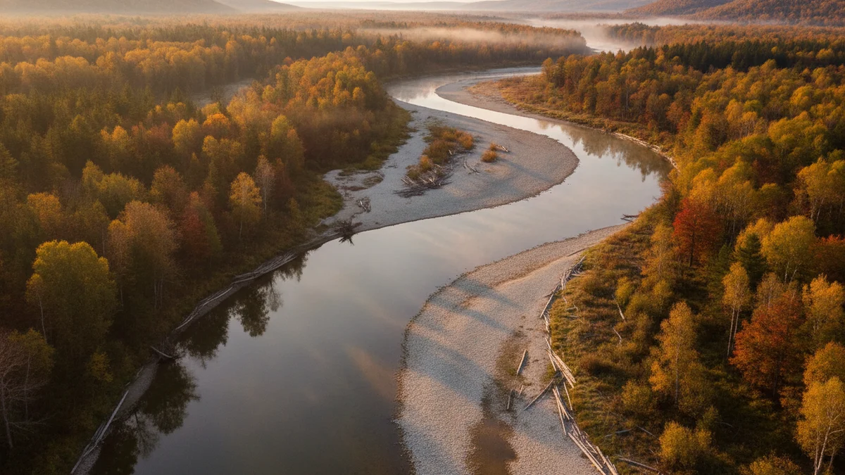 Meandrující nížinná řeka s lužním lesem a štěrkovými náplavy
