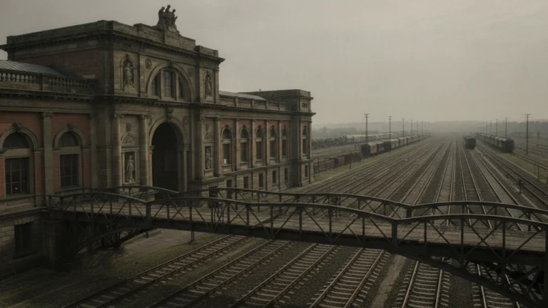 Historická nádražní budova s ocelovou lávkou nad kolejištěm