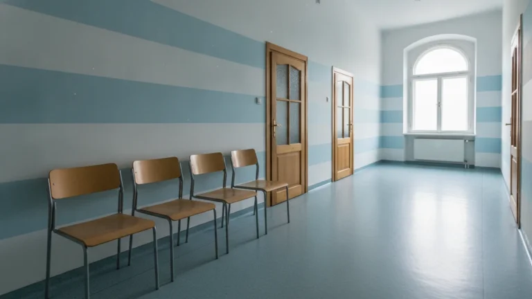 Čekárna zdravotního střediska s lavicemi a dveřmi ordinací