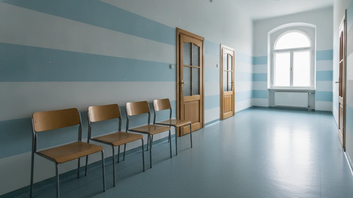 Čekárna zdravotního střediska s lavicemi a dveřmi ordinací