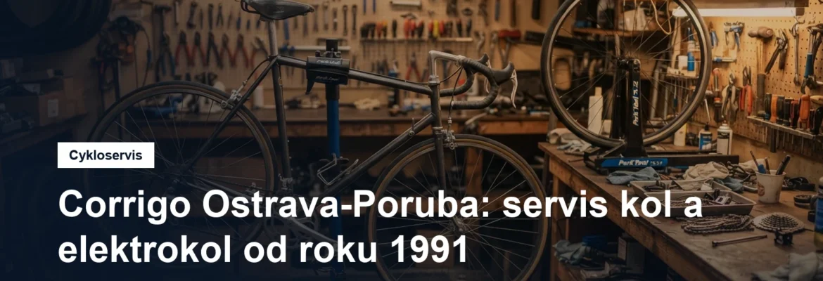 Montážní stojan v cyklodílně s nářadím a centrovací stolicí