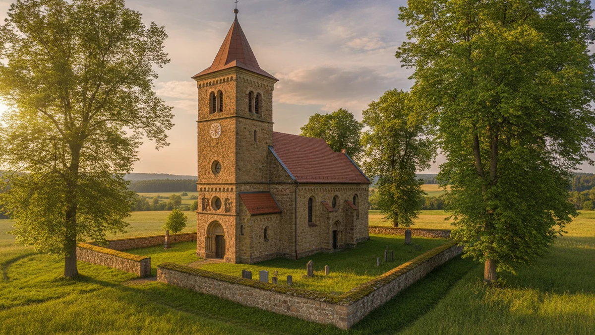 Venkovský kostel s věží mezi stromy
