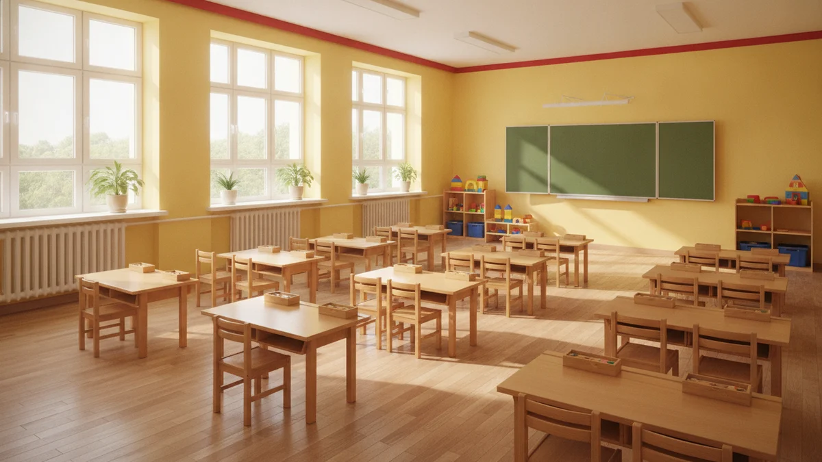 Školní třída s lavicemi a tabulí