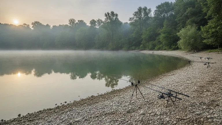 Rozlehlé štěrkové jezero s rybáři na břehu a lužním lesem