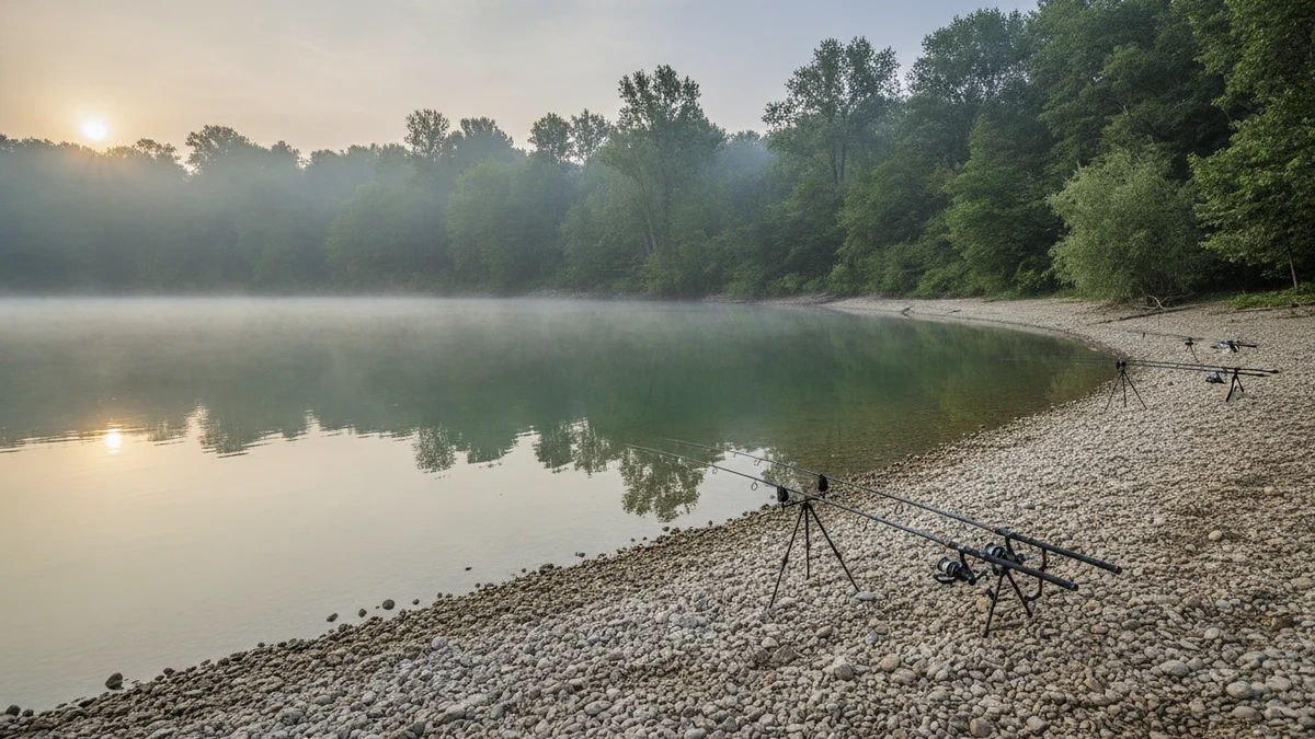 Rozlehlé štěrkové jezero s rybáři na břehu a lužním lesem