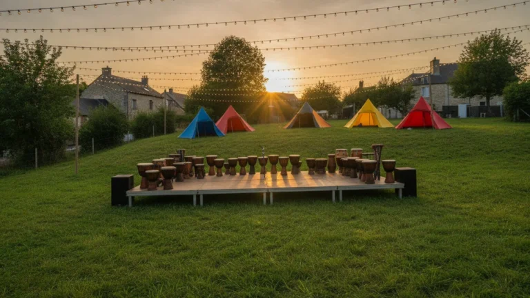 Venkovní festivalové pódium s bubny na louce při západu slunce