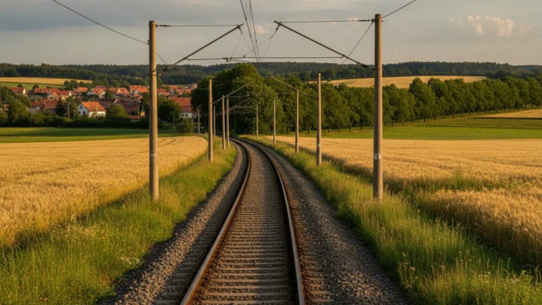 Jednokolejná tramvajová trať vedoucí mezi poli a stromy na venkově