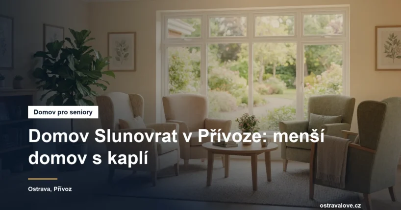 Prosvětlená společenská místnost pobytového zařízení s křesly a oknem do zahrady