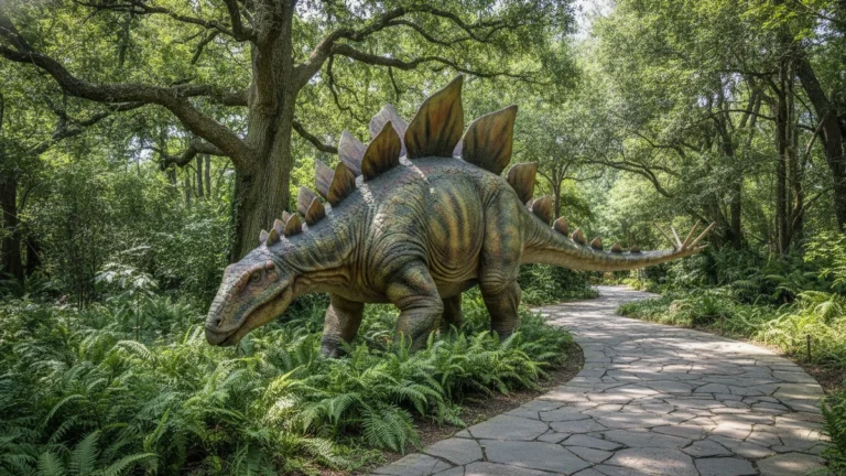 Model dinosaura v životní velikosti mezi stromy