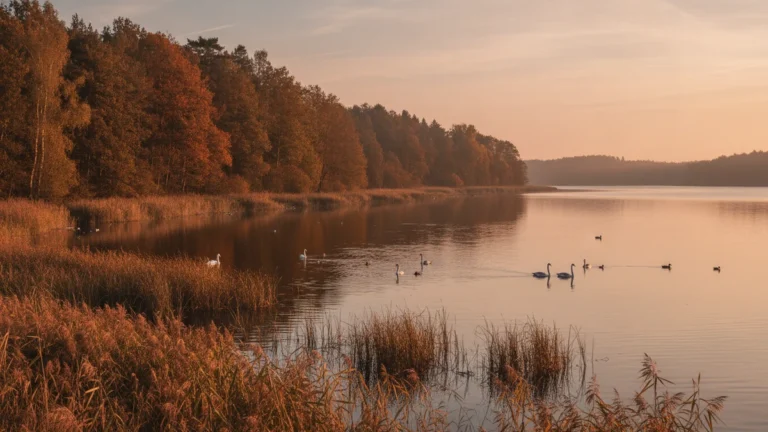 Klidné jezero s rákosím a stromy na poloostrově